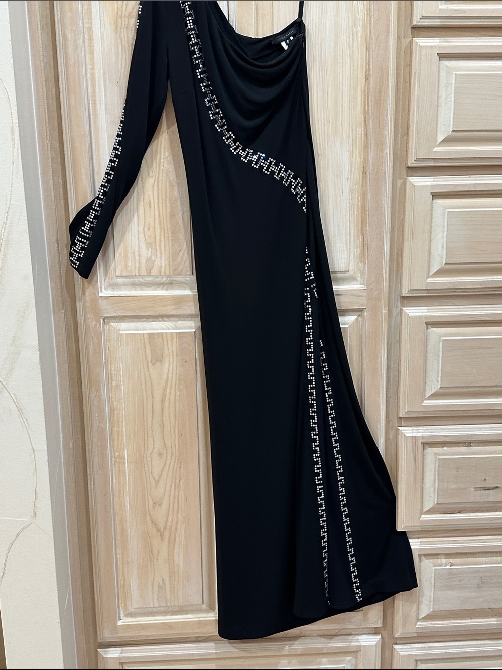 Nicole Bakti Black One-Shoulder Gown with Silver Embellishment